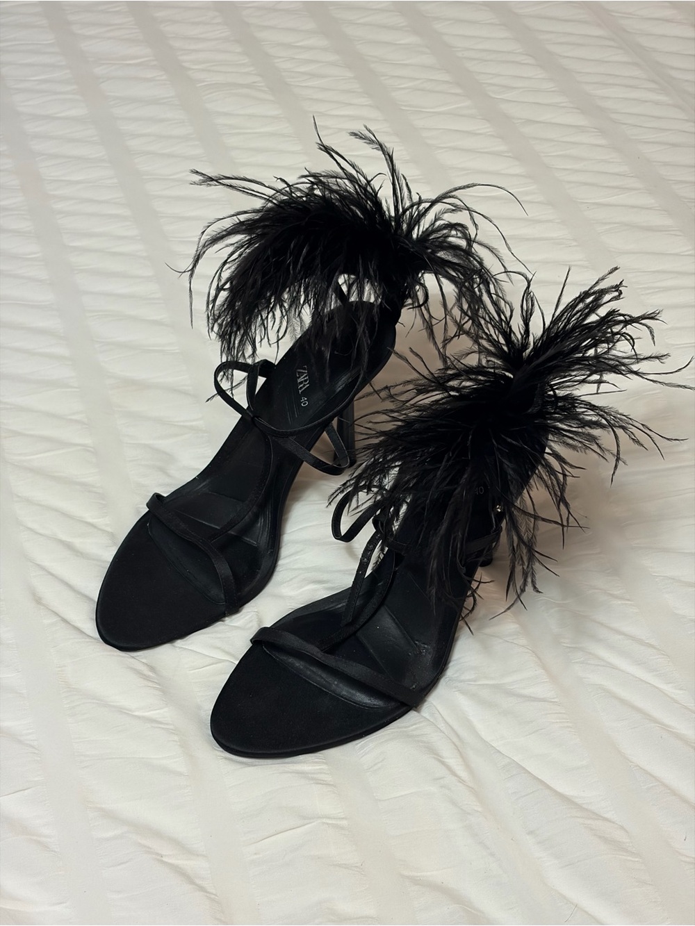 Black Feather Ankle-Tie Evening Sandals